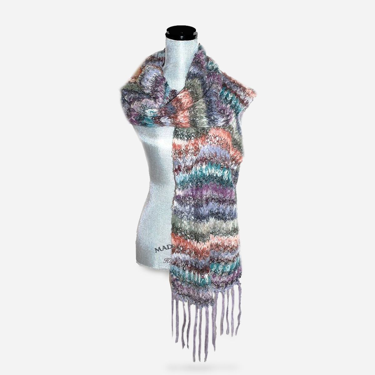 Vintage Crochet Striped Shawl, Purple, Gray, Green