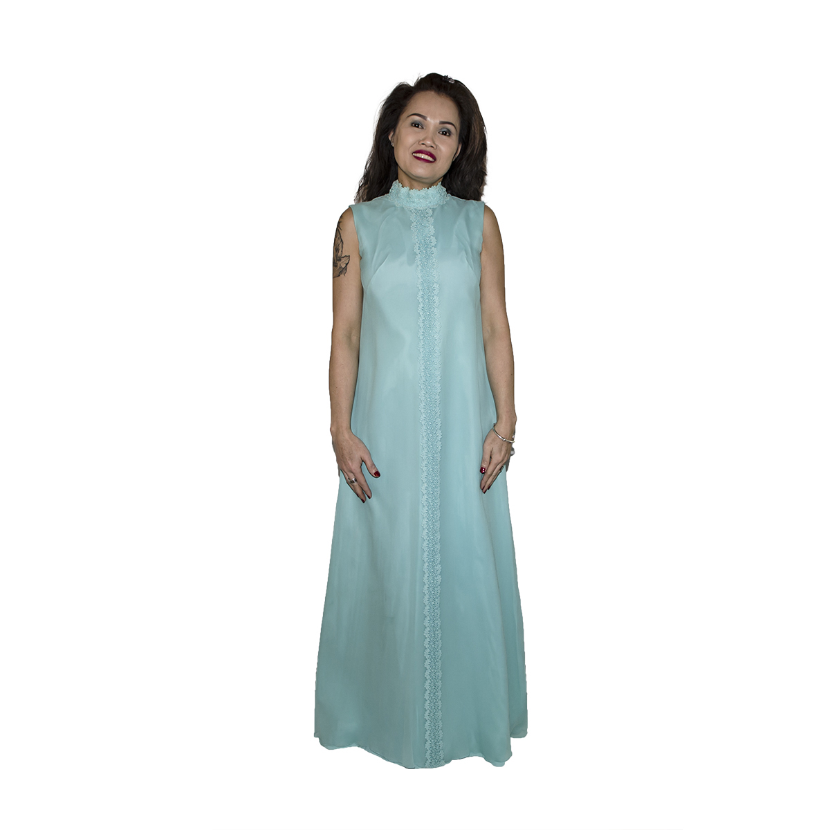 1970s Light Blue Dress, Aqua Column Gown, Silk Chiffon & Lace
