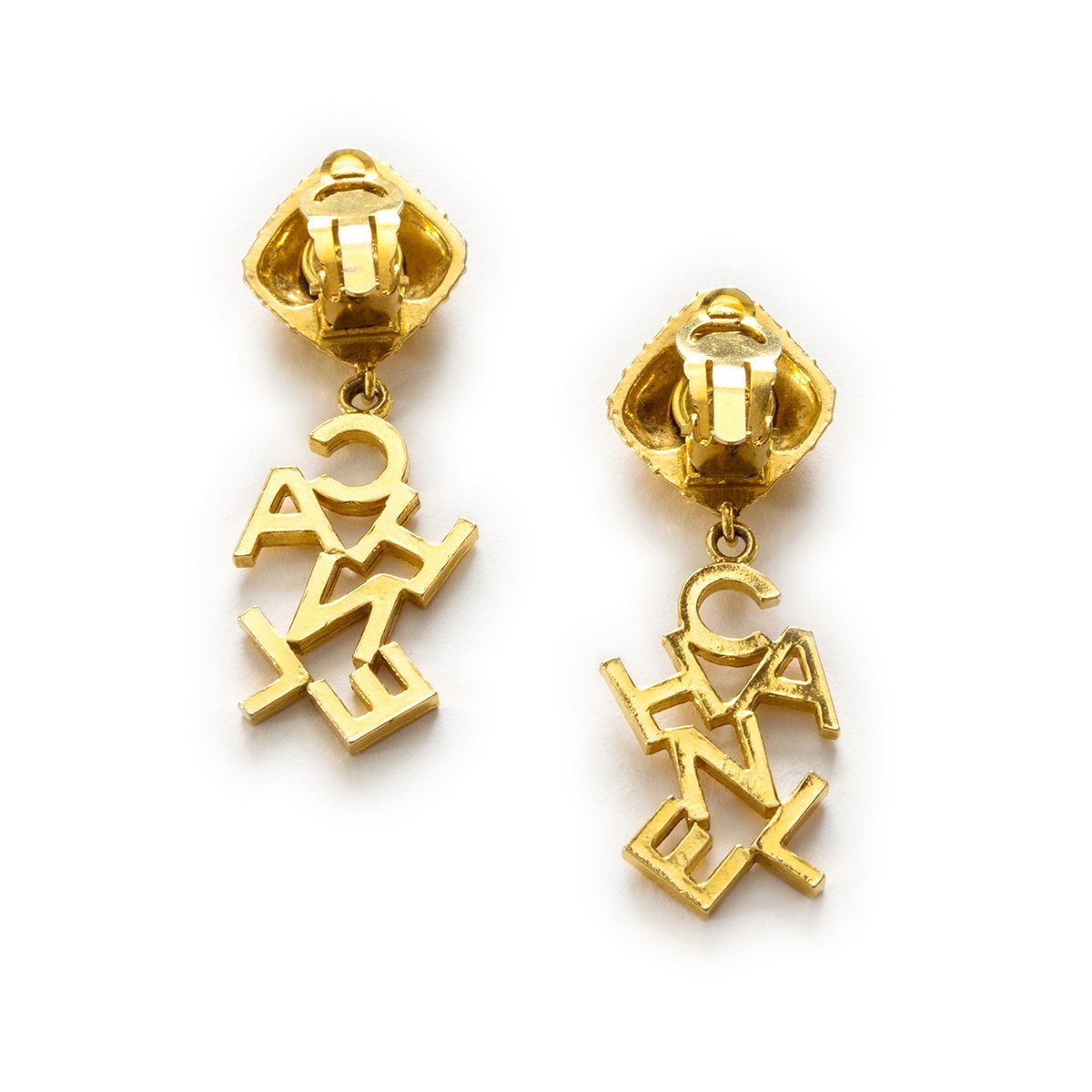 Vintage Chanel Logo Clip Earrings, Gold Plated Metal