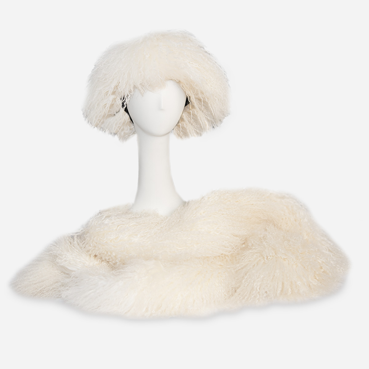 white Mongolian lamb hat and wrap