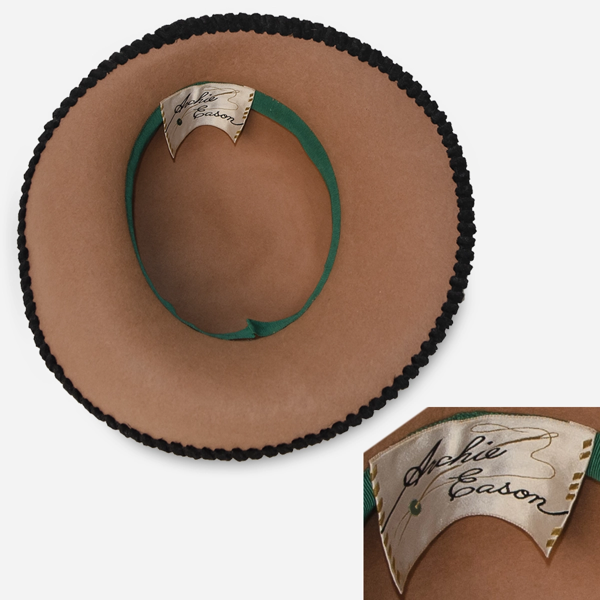 Archie Eason hat label, green sequin tan wool Hat