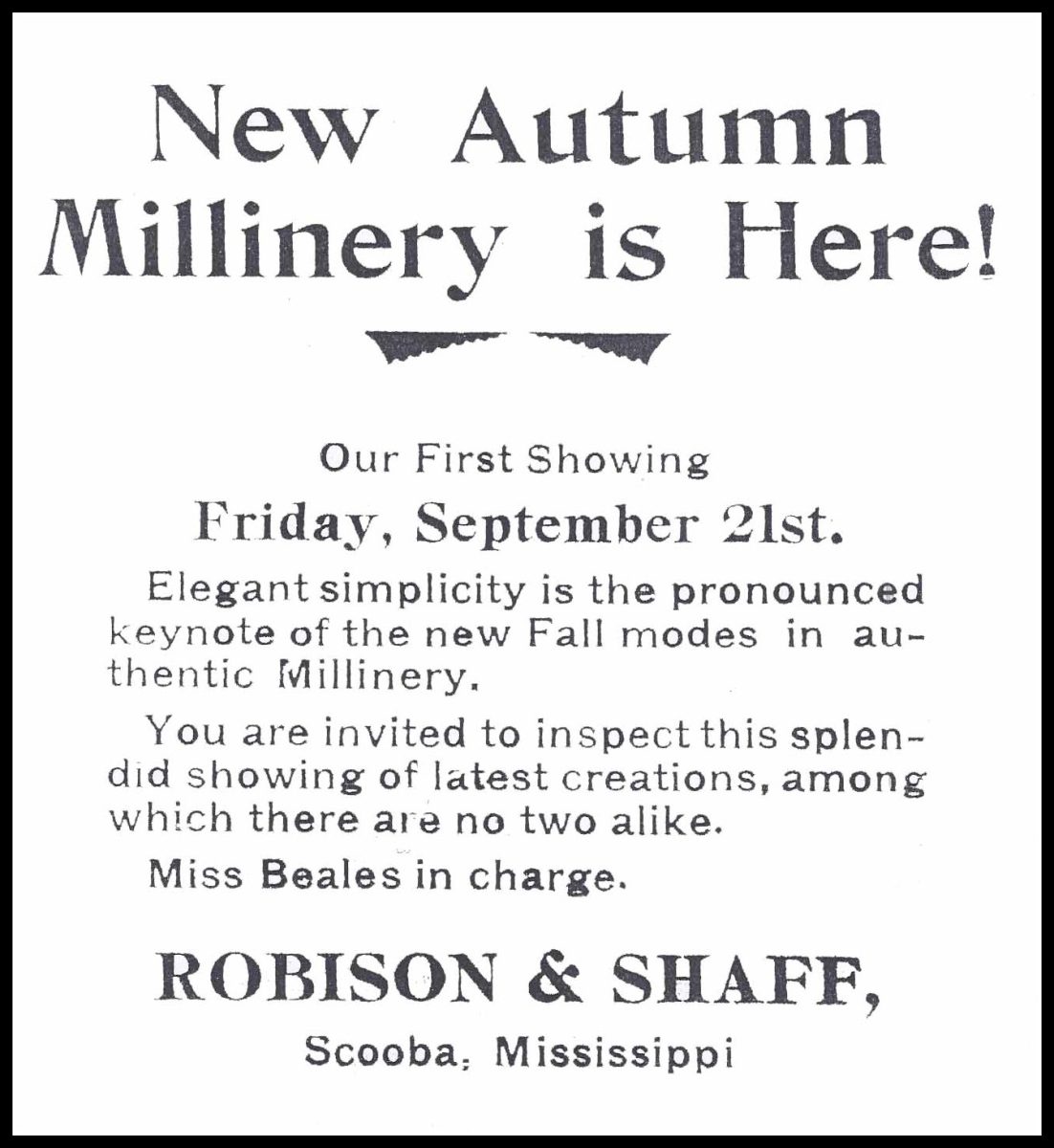 Madge Beals millinery ad