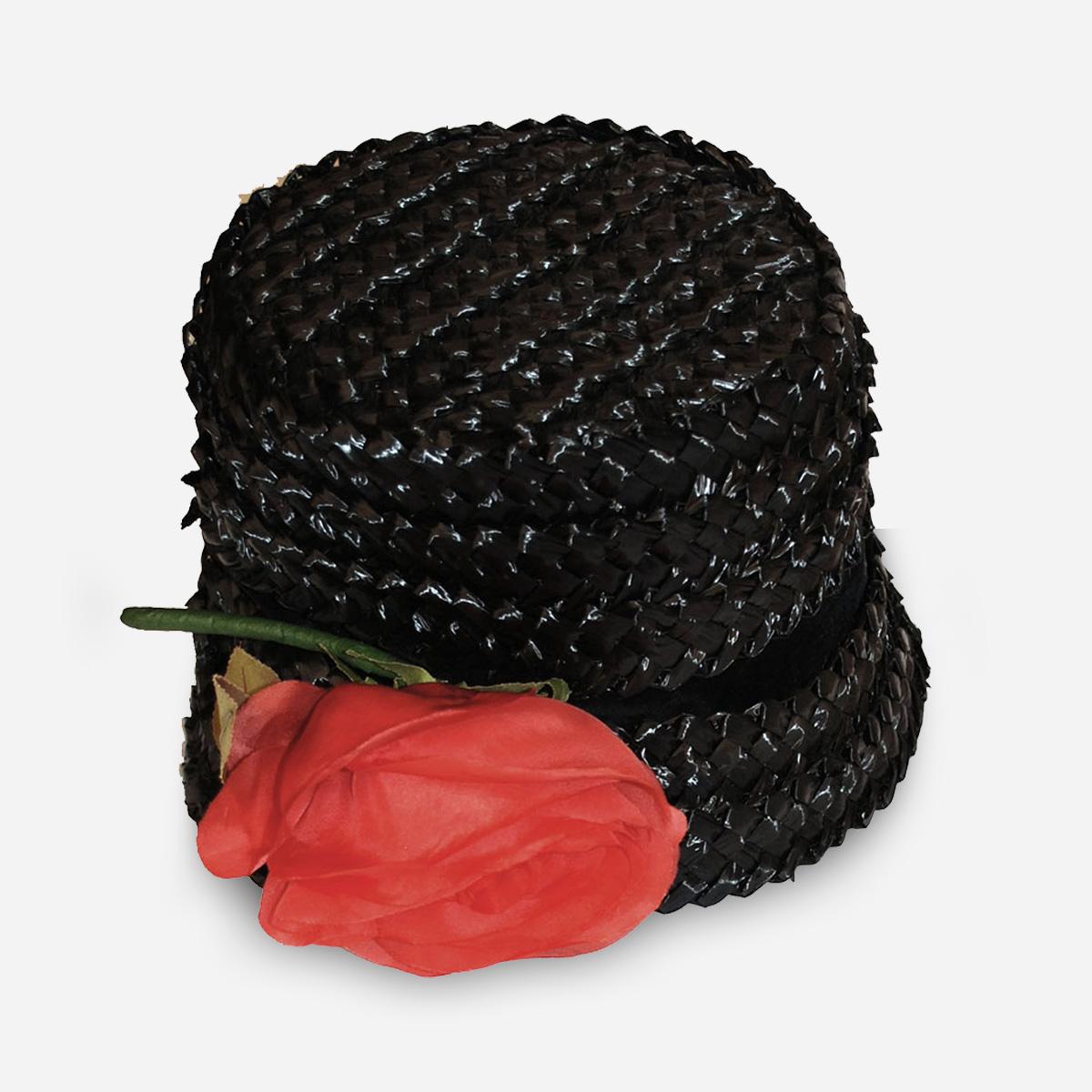 Black Straw Bucket Hat, Silk Red Rose