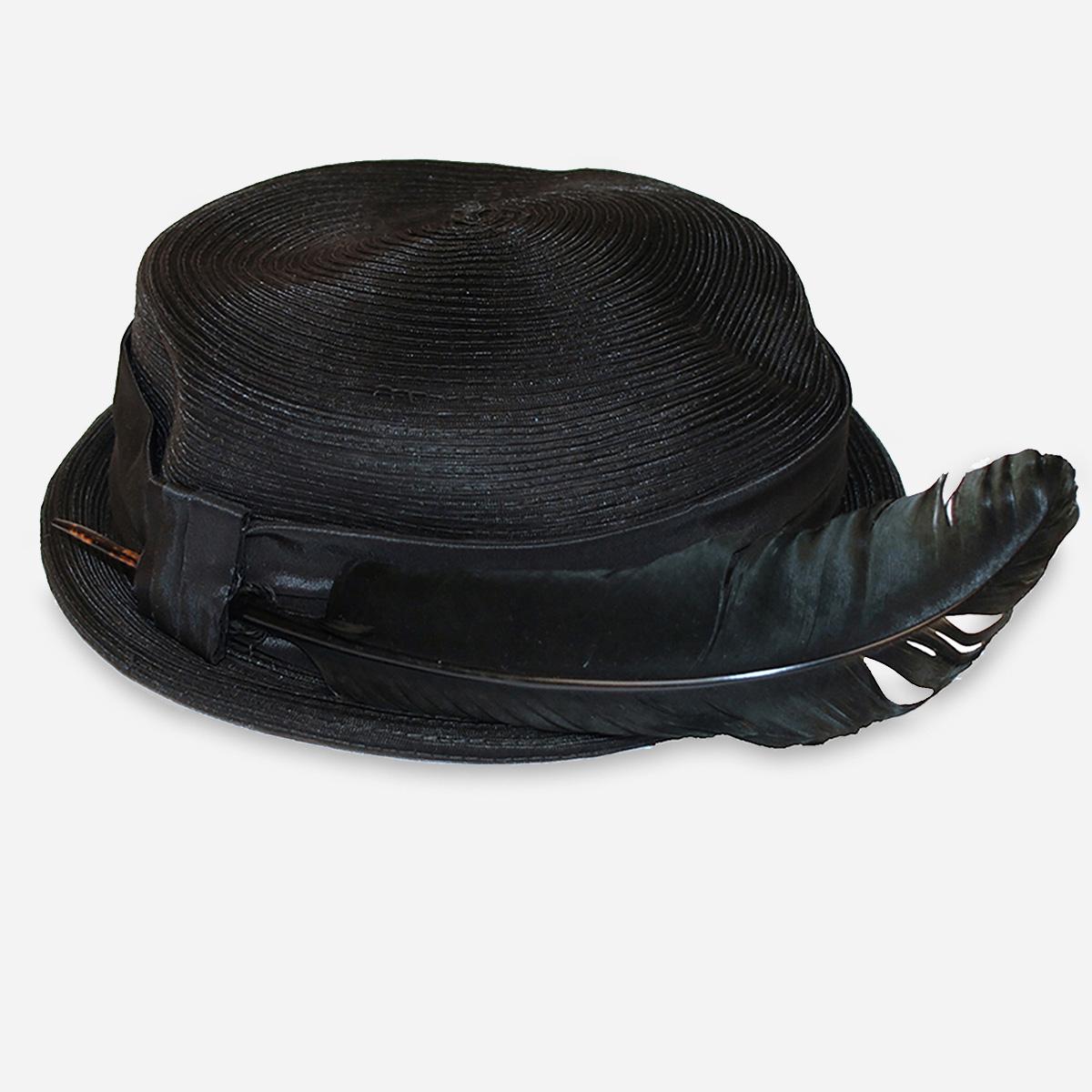 1950s black hat, quill feather