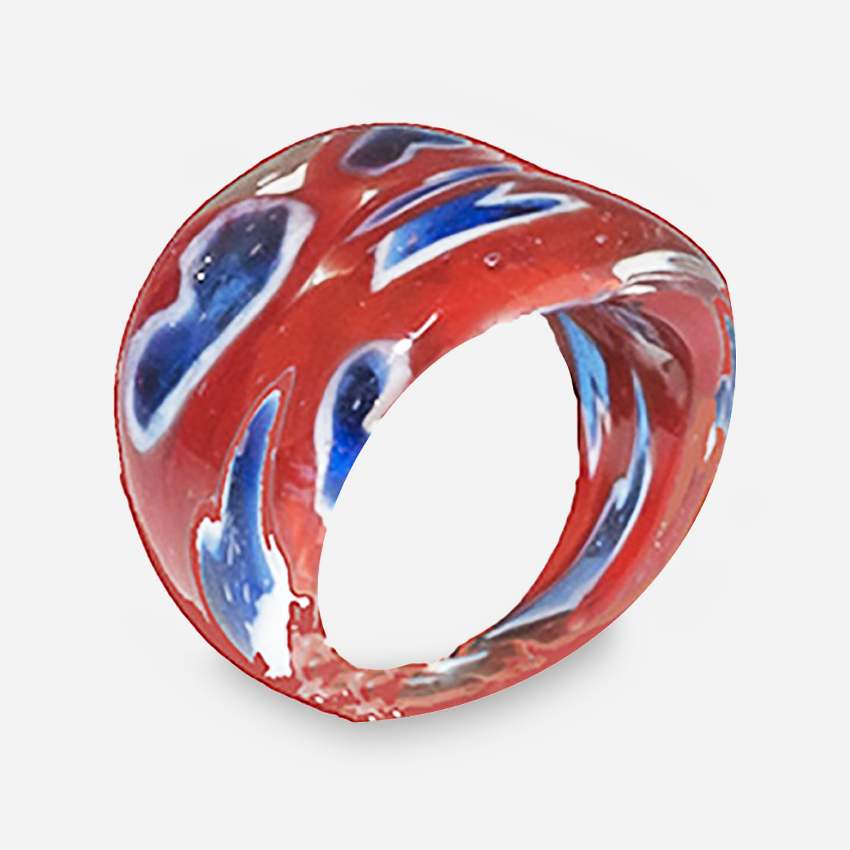 red glass ring, blue glass ring