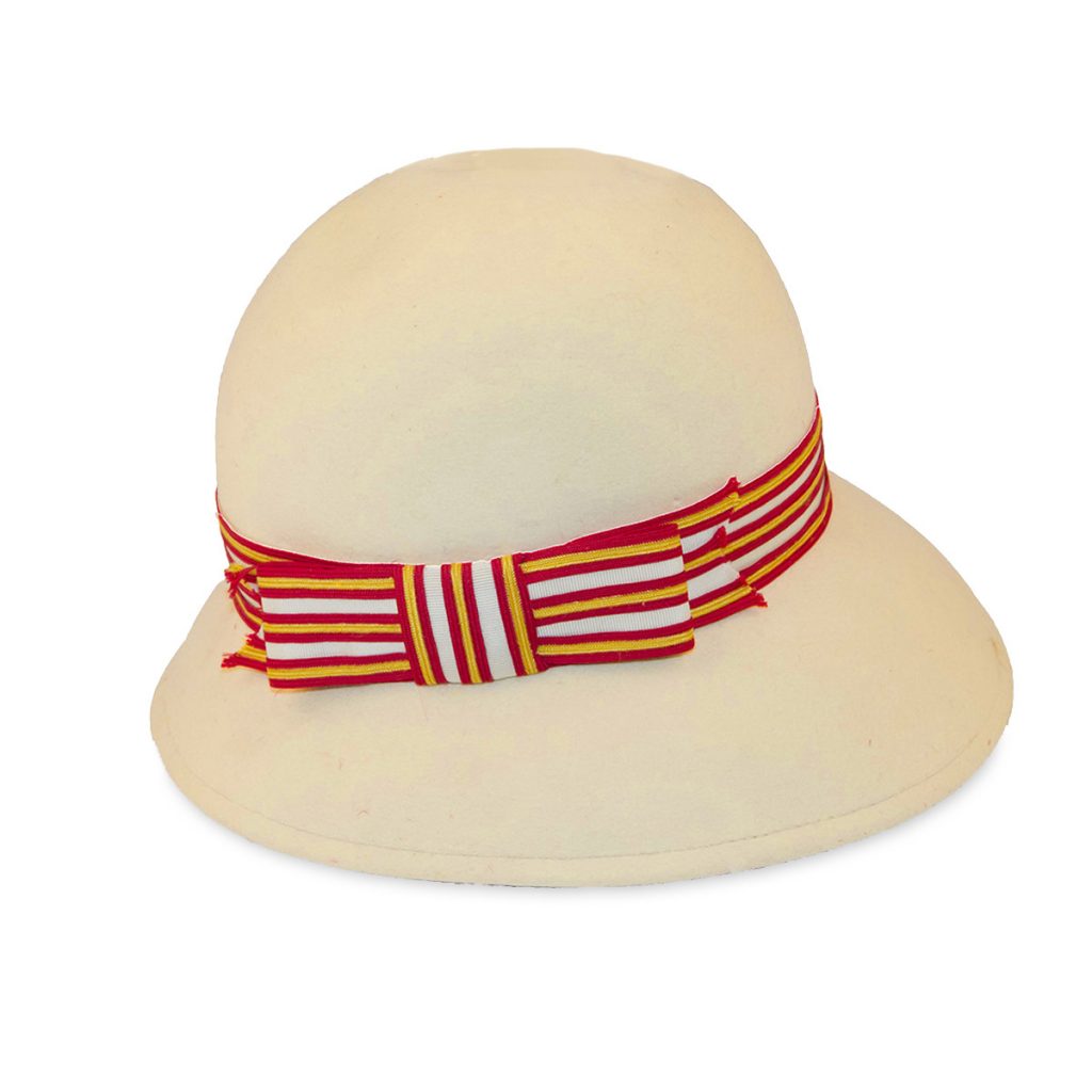 Mr John Cloche Hat, Vintage 1970s, Red &amp; Orange Stripe Hatband &amp; Bow