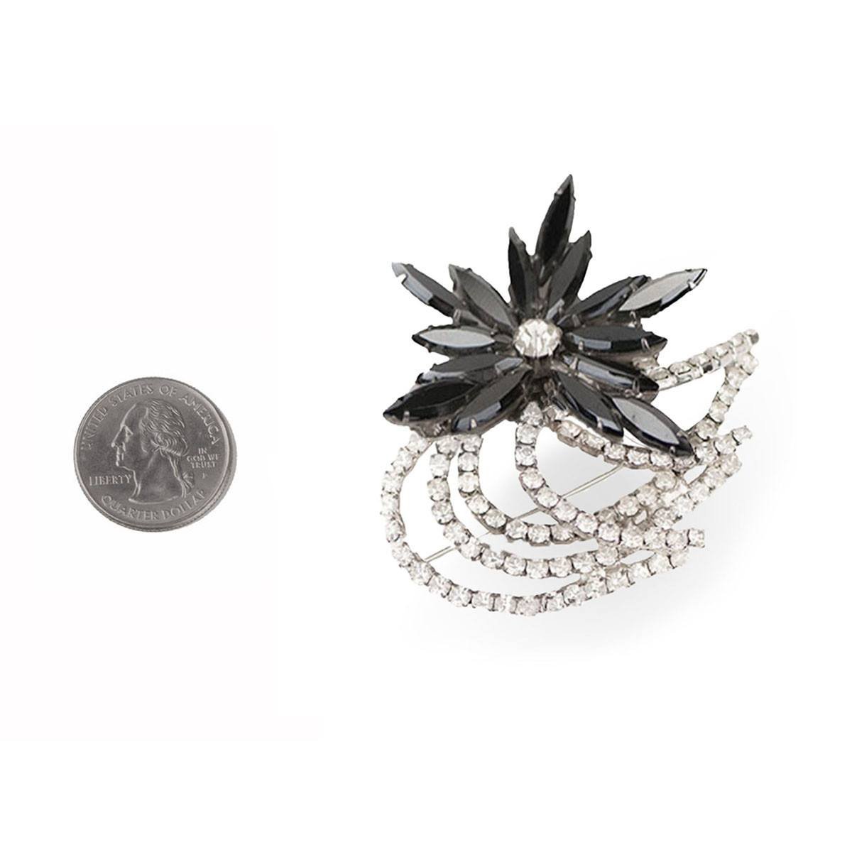 1970s Charcoal Gray Rhinestone Floral Brooch
