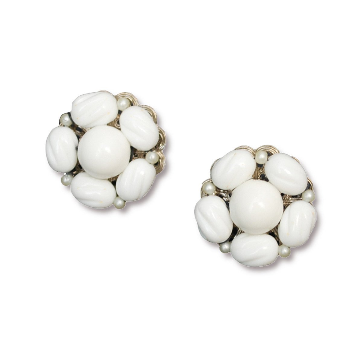 1950s Milk Glass Cluster Bead Earrings by Hobe
