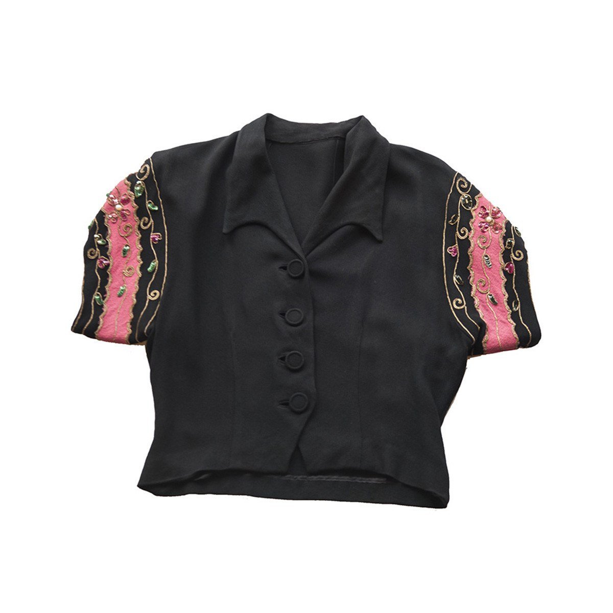 1940s Bolero Style Blouse with Rhinestones in Pink & Black Silk Crepe de Chine