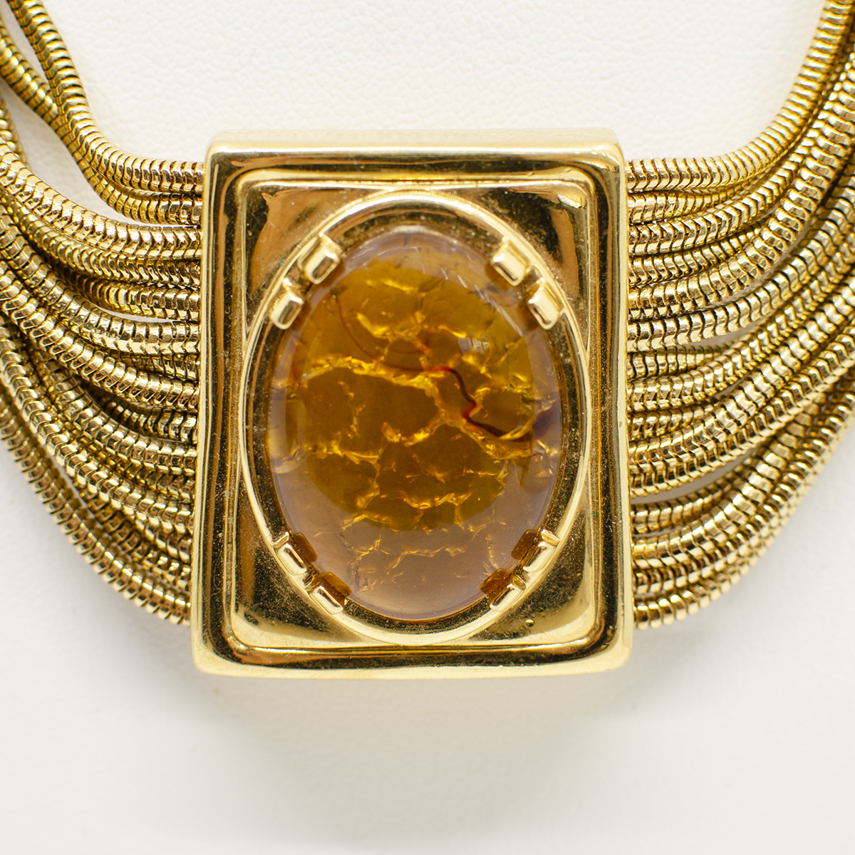 Faux amber necklace, gold snake chains
