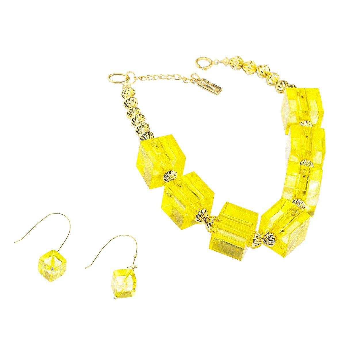 Yellow Lucite Cube Choker Necklace & Pierced Earrings by Anthony Alexander