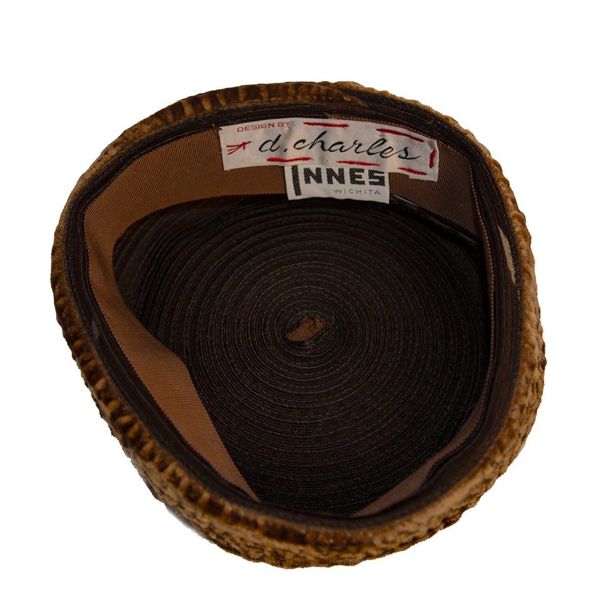 Vintage Pillbox Hat by D Charles, Brown Crimped Velvet