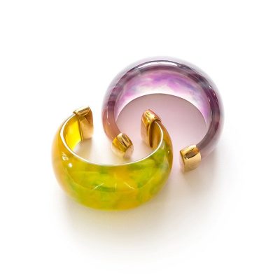 Vintage Yves Saint Laurent Dome Cuff Bracelets, Purple & Yellow Lucite