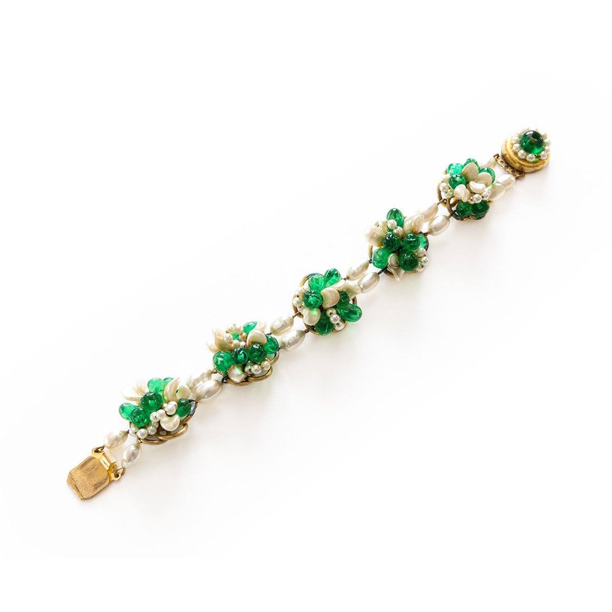 1950s Signed Louis Rousselet Freshwater Pearls & Green Glass Bracelet