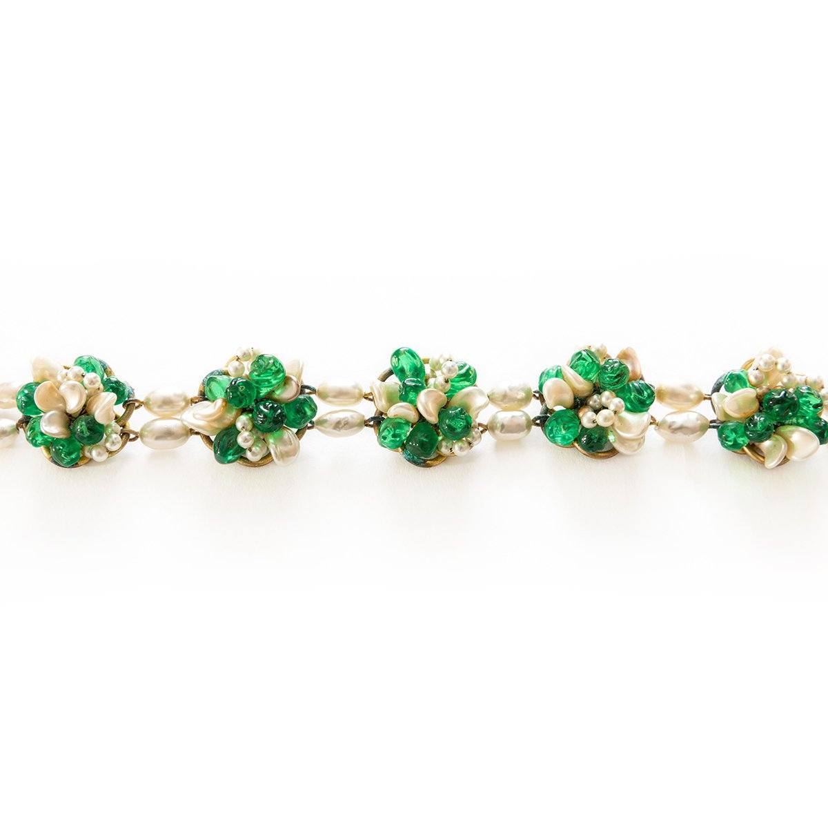 1950s Signed Louis Rousselet Freshwater Pearls & Green Glass Bracelet