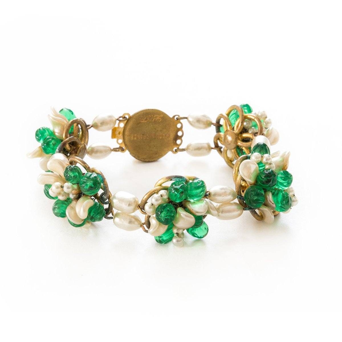 1950s Signed Louis Rousselet Bracelet, Pearls & Green Glass