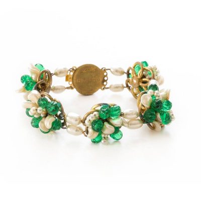 1950s Signed Louis Rousselet Freshwater Pearls & Green Glass Bracelet