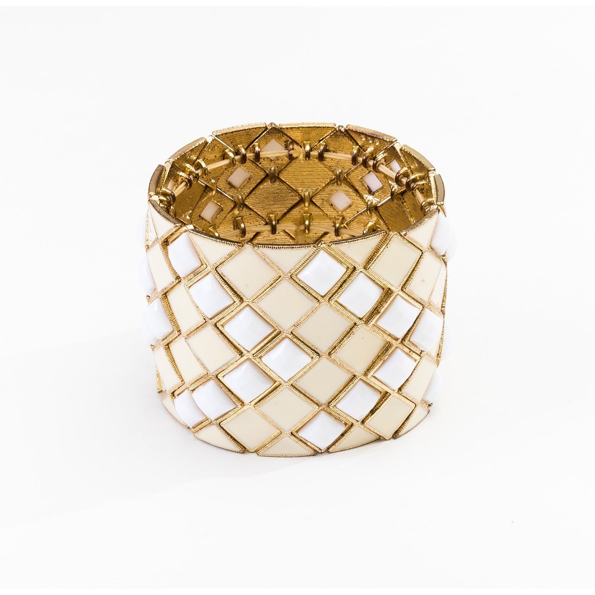 70s Wide Gold Metal, Glass & Enamel Expandable Bracelet