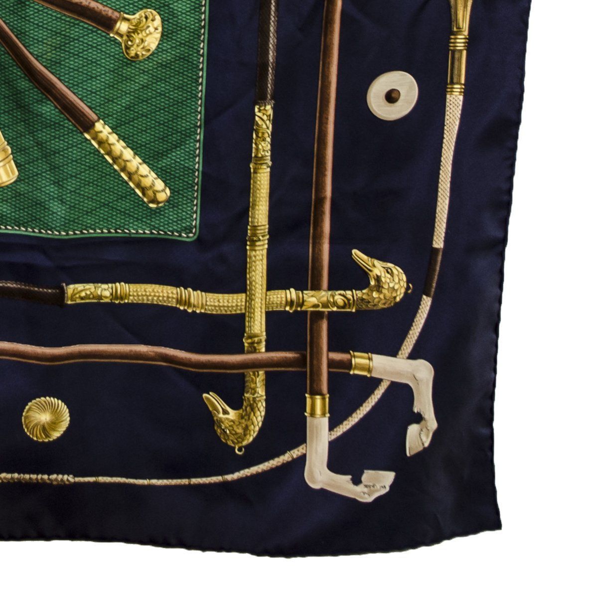 Vintage Hermes Silk Scarf, Walking Sticks, Cannes et Pommeaux, Françoise De La Perriere, Navy Blue & Green