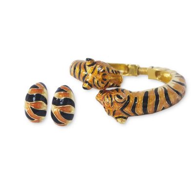 Vintage Kenneth Jay Lane (KJL) Enamel Tiger Bracelet & Earrings Set