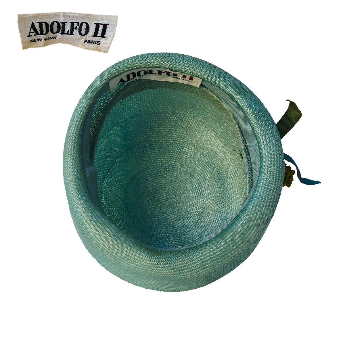 Vintage 1960s Adolfo II Aqua Blue Straw Cloche, Hat Size 22