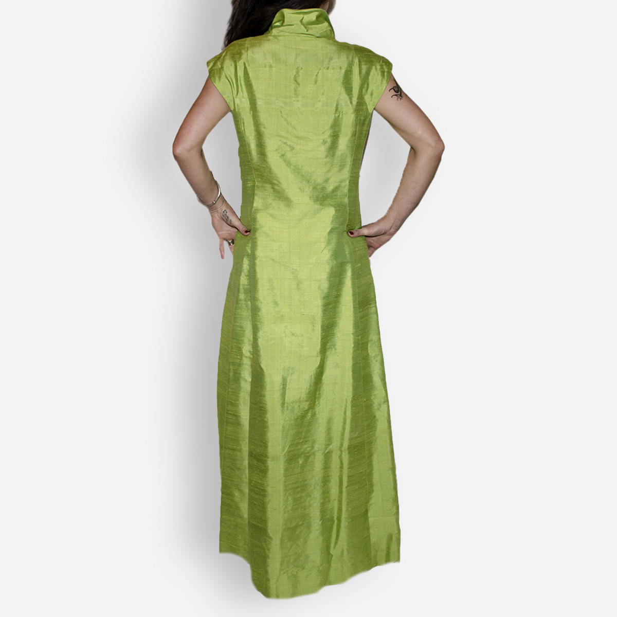 green dupoini silk long dress