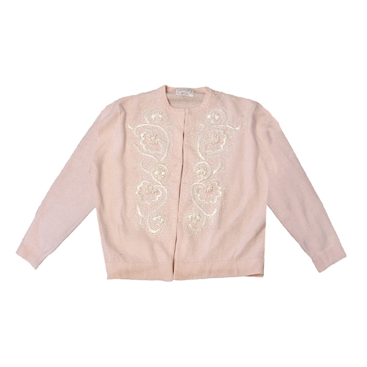 Vintage 60s Pink Cardigan Sweater, White Floral Embroidery