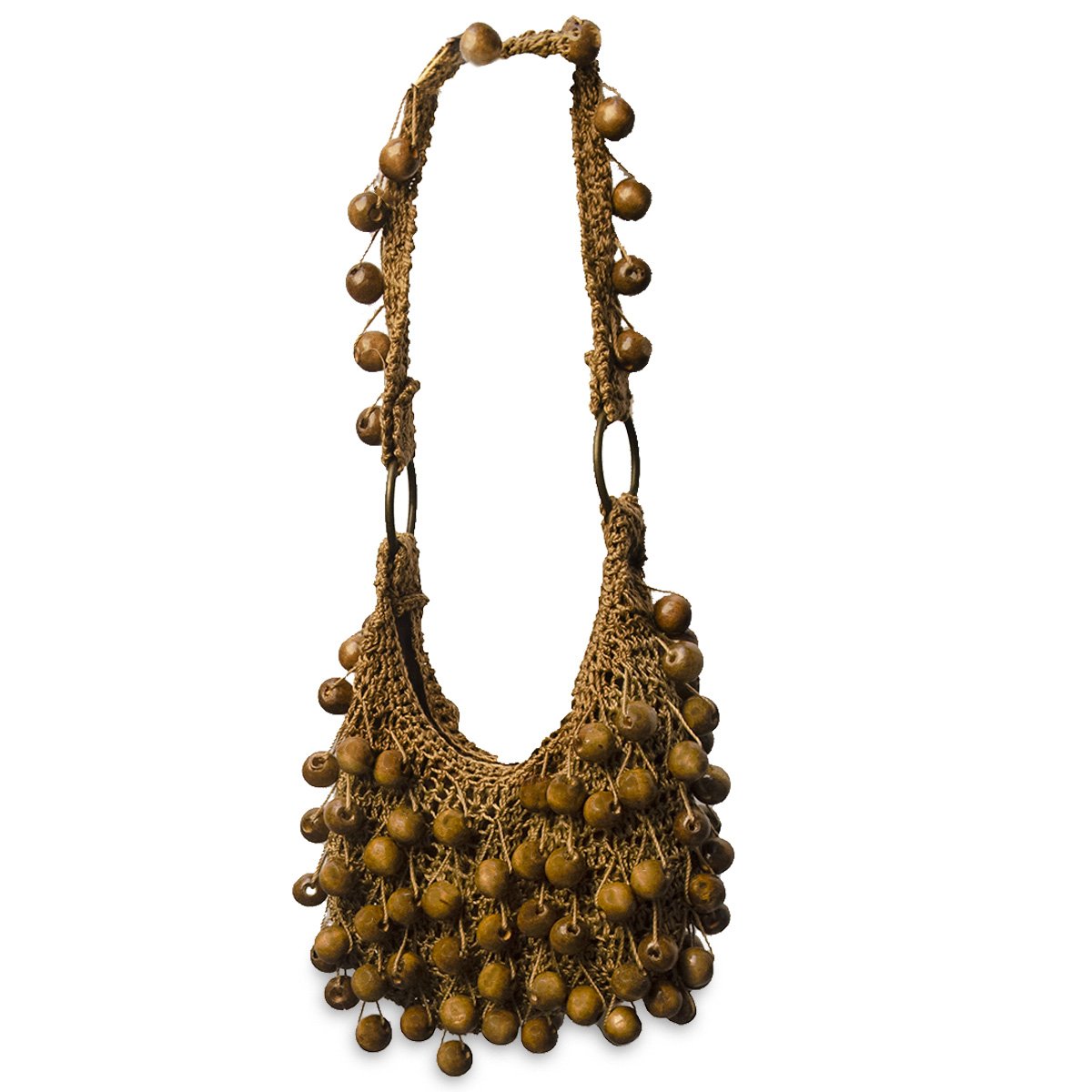 Small Brown Macrame Purse, Large Wood Beads