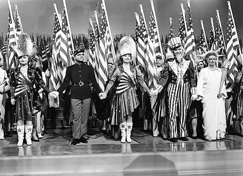 publicity still for the movie 1942 "Yankee Doodle Dandy" with Jeanne Cagney, James Cagney, Joan Leslie, Walter Huston, and Rosemary DeCamp i
