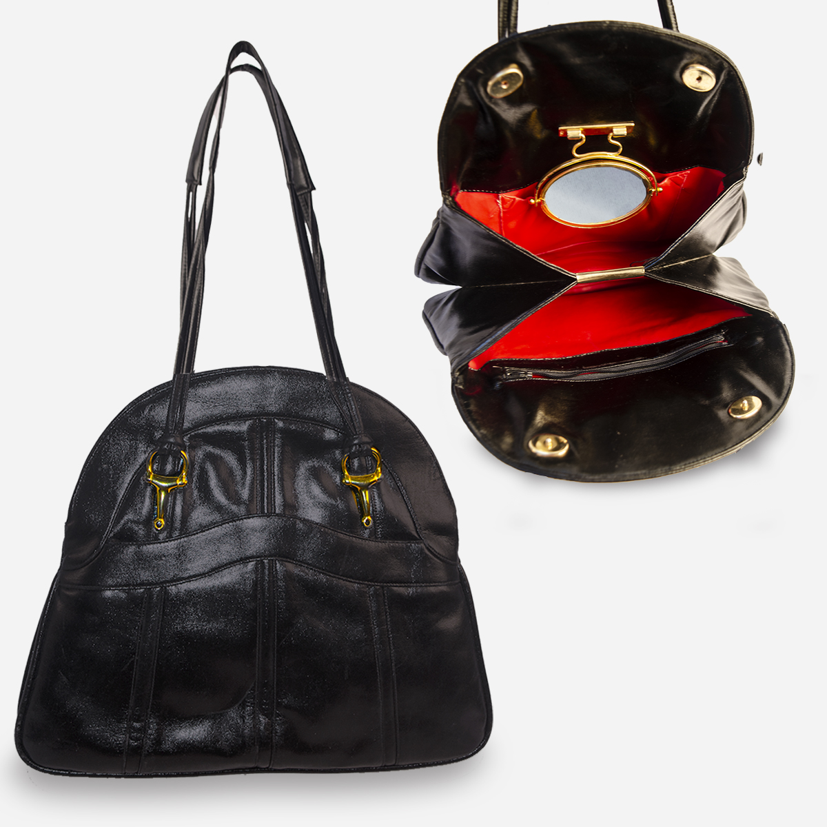 vintage black handbag with mirror