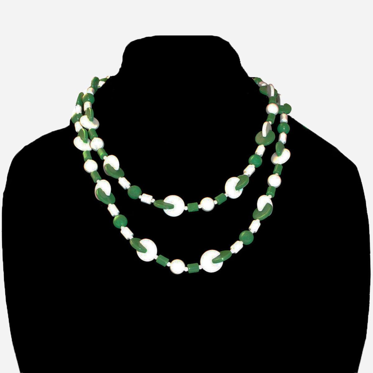 Vintage Atomic Era Geometric Necklace, Green & White Beads, 43"