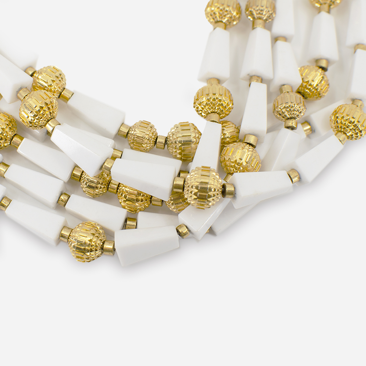 white triangle bead necklace with gold filigree