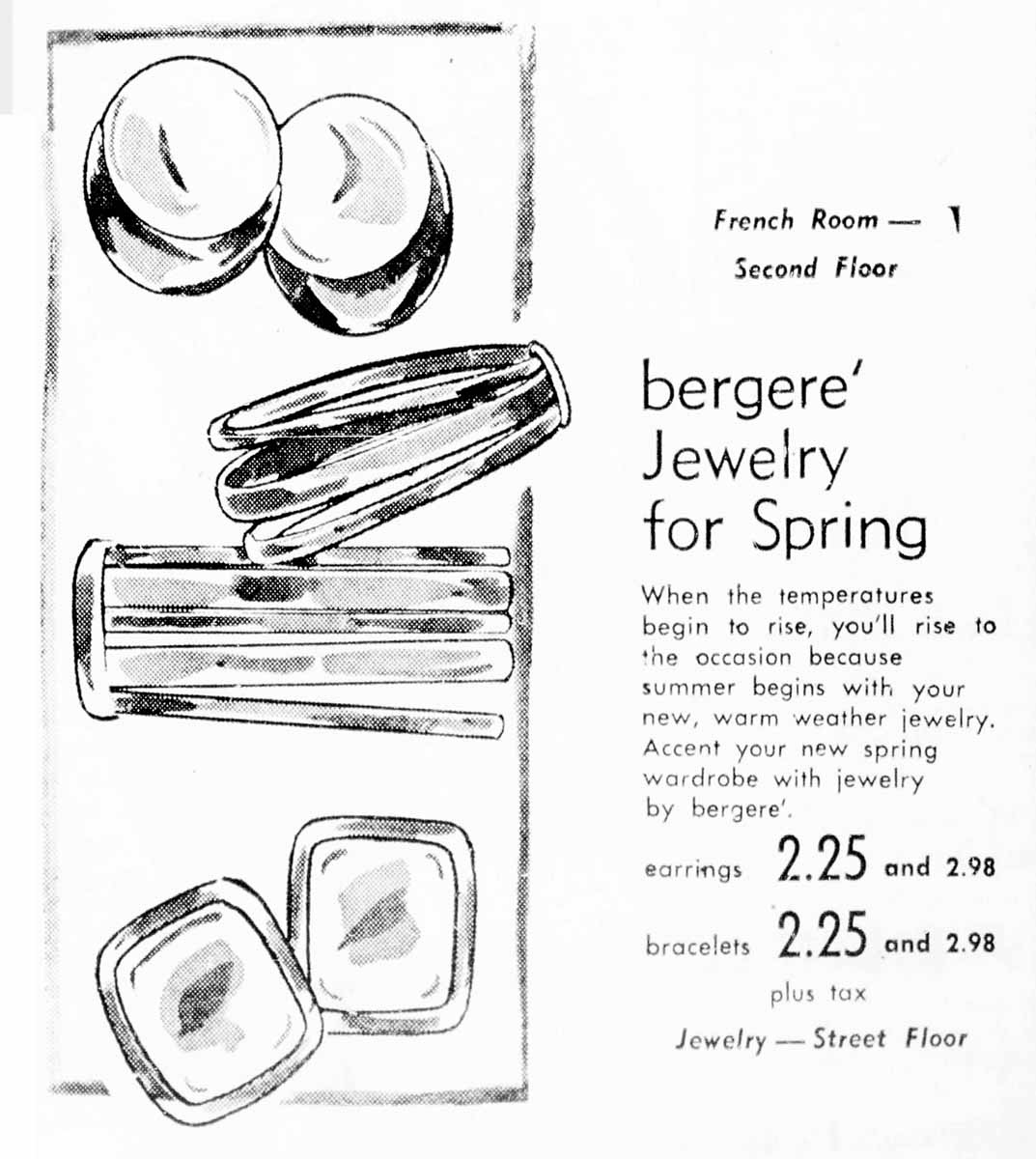 Bergere jewelry ad, bracelets & earrings, 1957