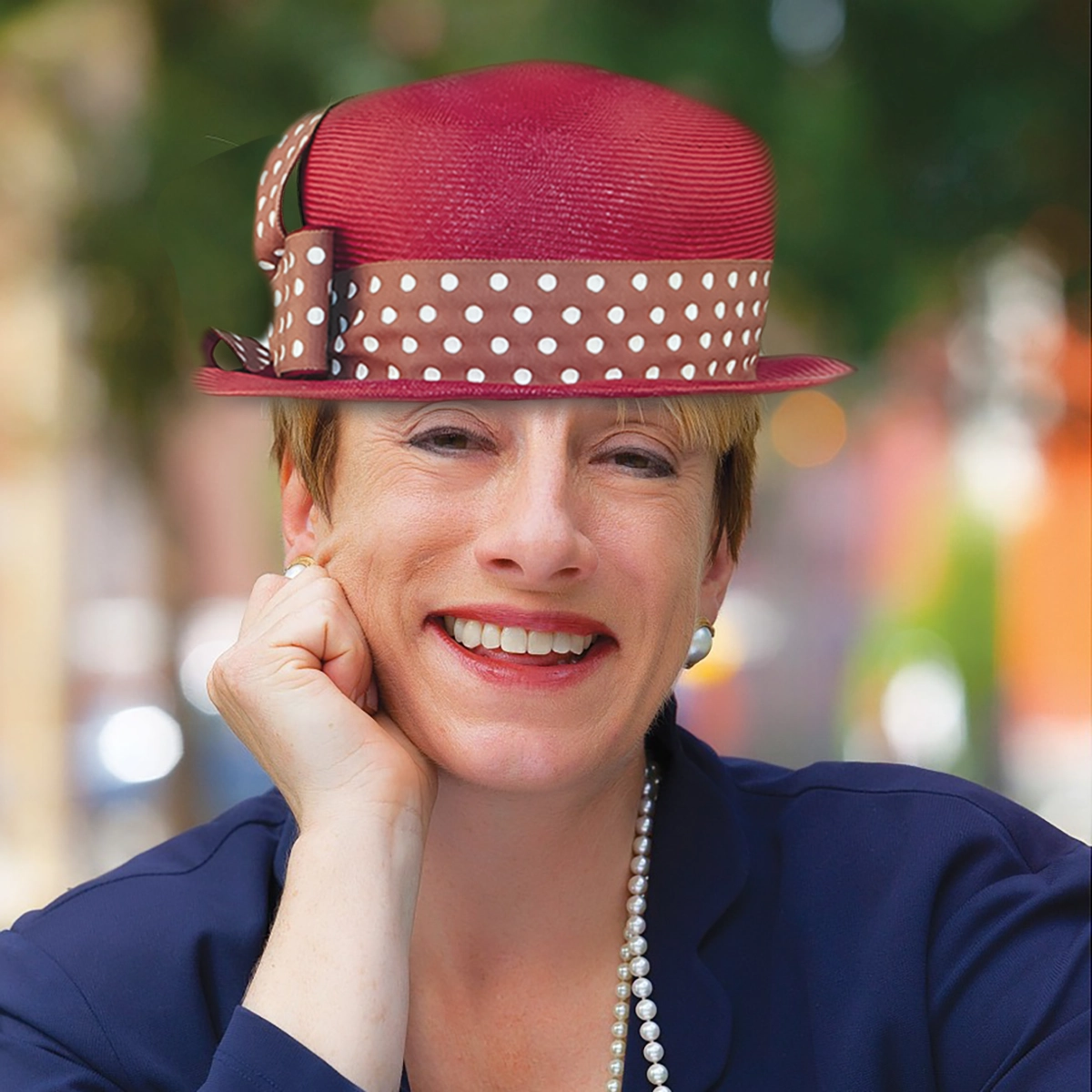 Womans wearing vintage red straw hat