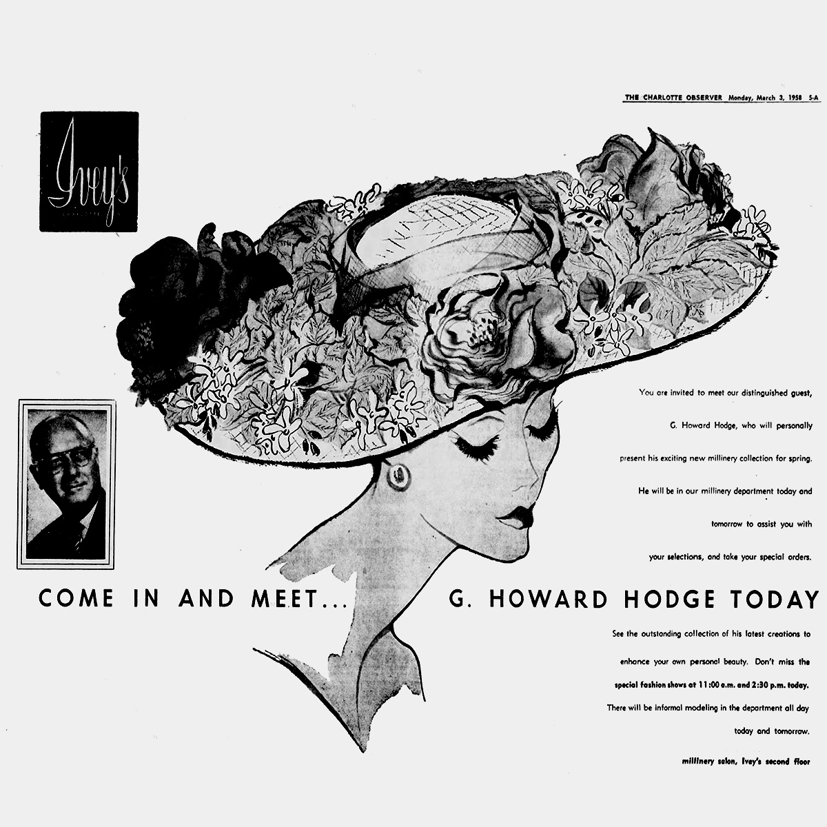 G. Howard Hodge ad from 1958 showing modeling wearing a wide brim flower hat