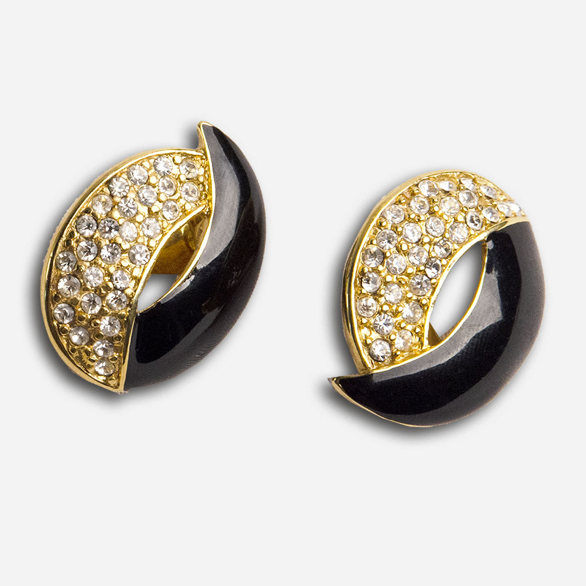 VIntage Monet Earrings, Black Enamel & Rhinestone Clip Ons