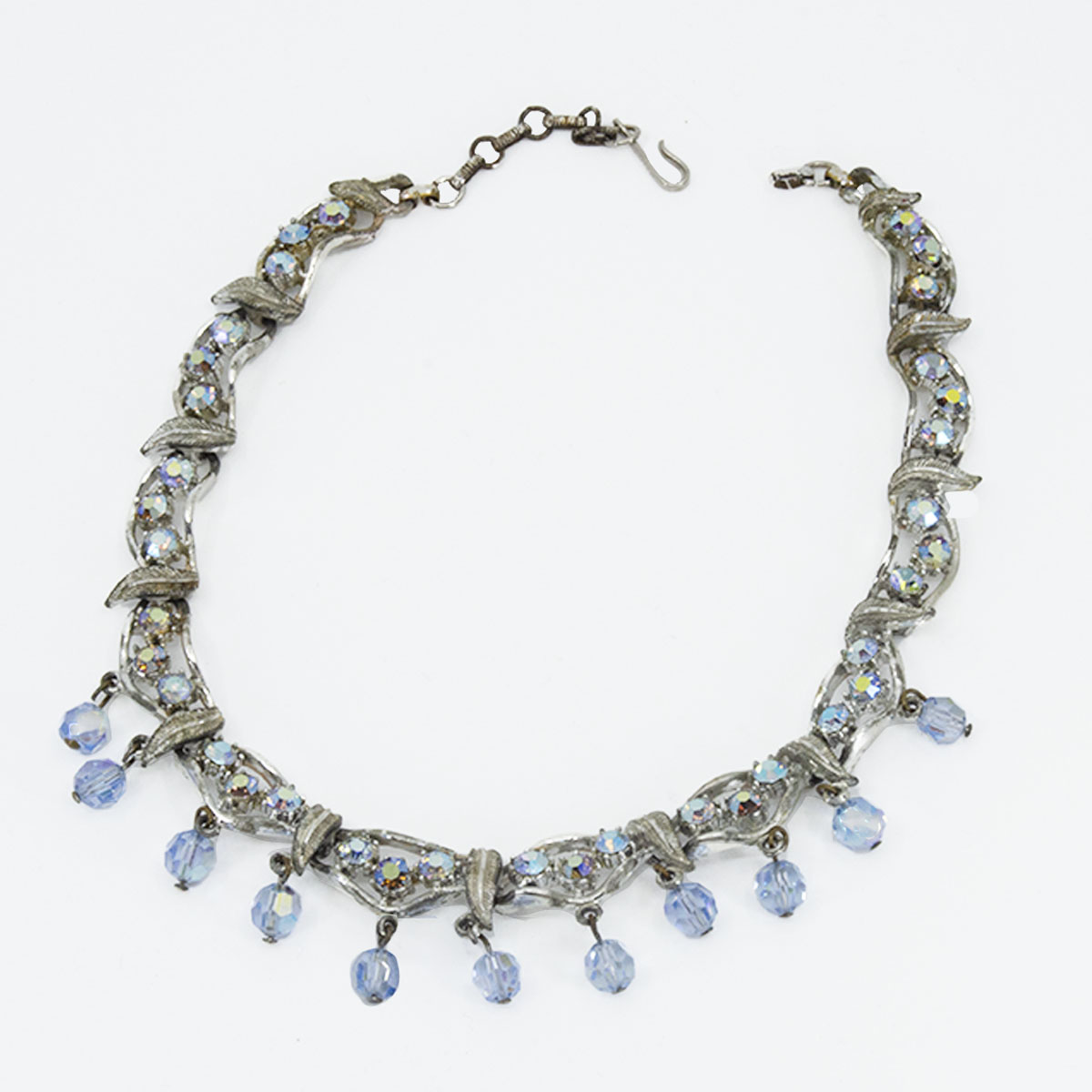 Vintage Coro Necklace, 1950s, Blue Beads, Aurora Borealis Rhinestones
