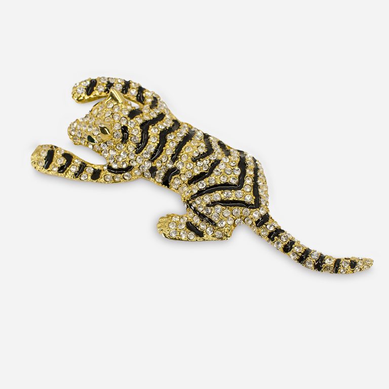 Sparkling Rhinestone Tiger Brooch with Enamel