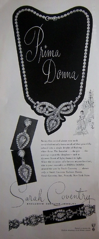 1953 SARAH COVENTRY Prima Donna Necklace Earrings Bracelet JEWELRY Ad