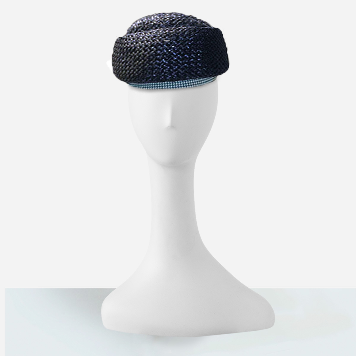Navy blue turban hat, gingham trim