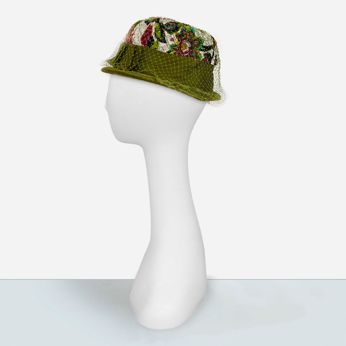 women's green derby hat, floral design