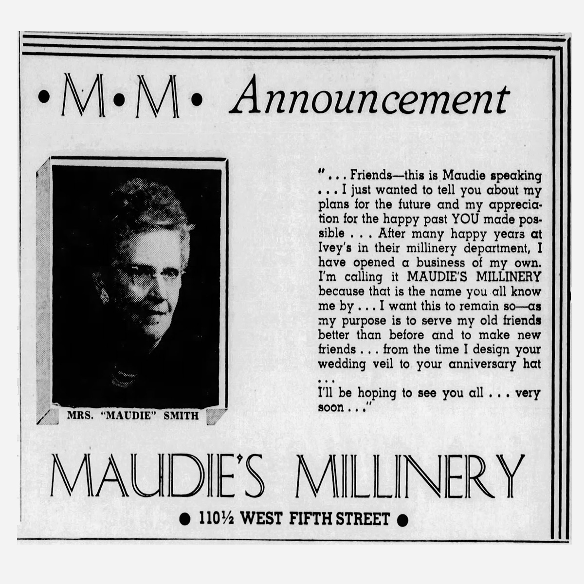 Maudie's Millinery North Carolina 1948 advertisement