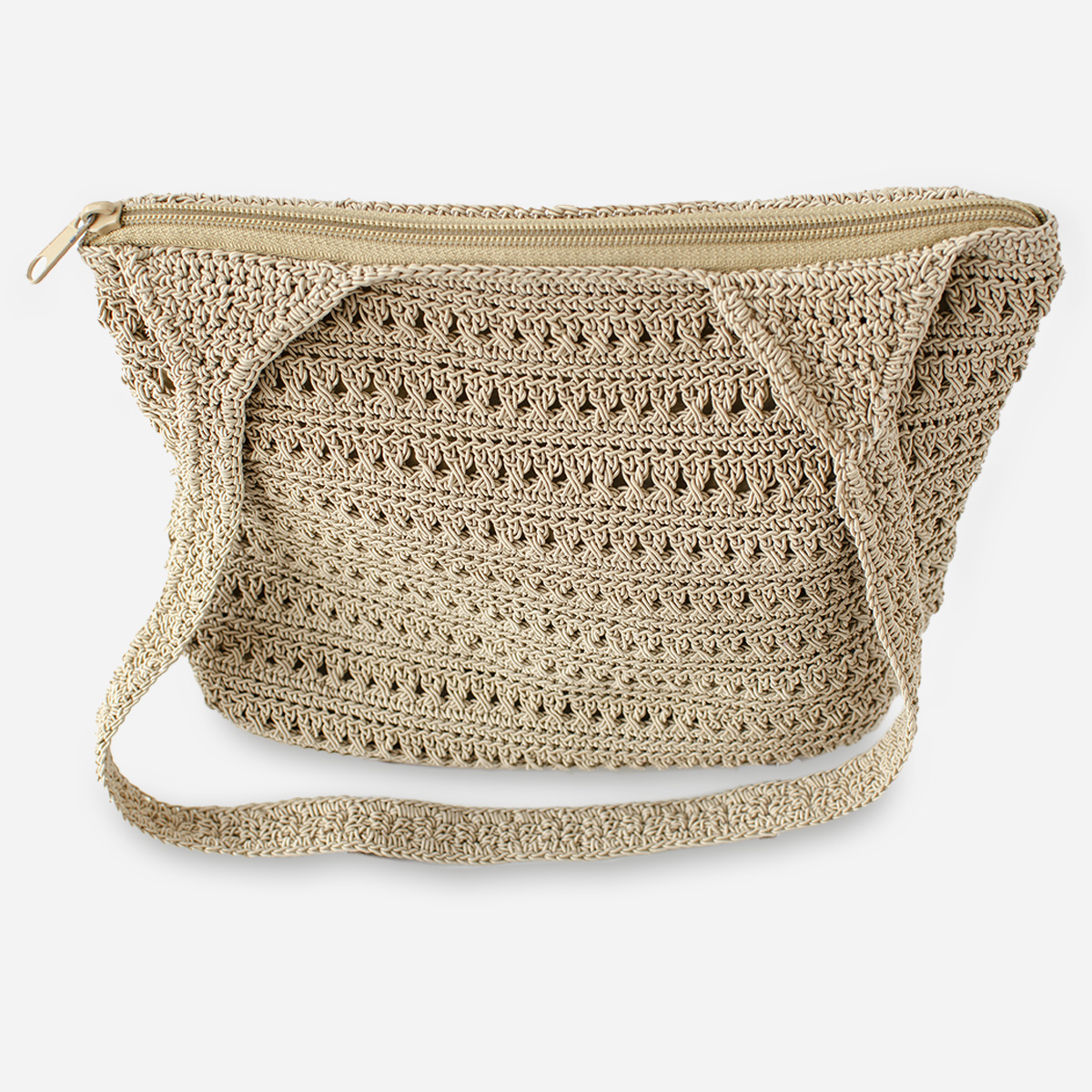 tan crochet handbag