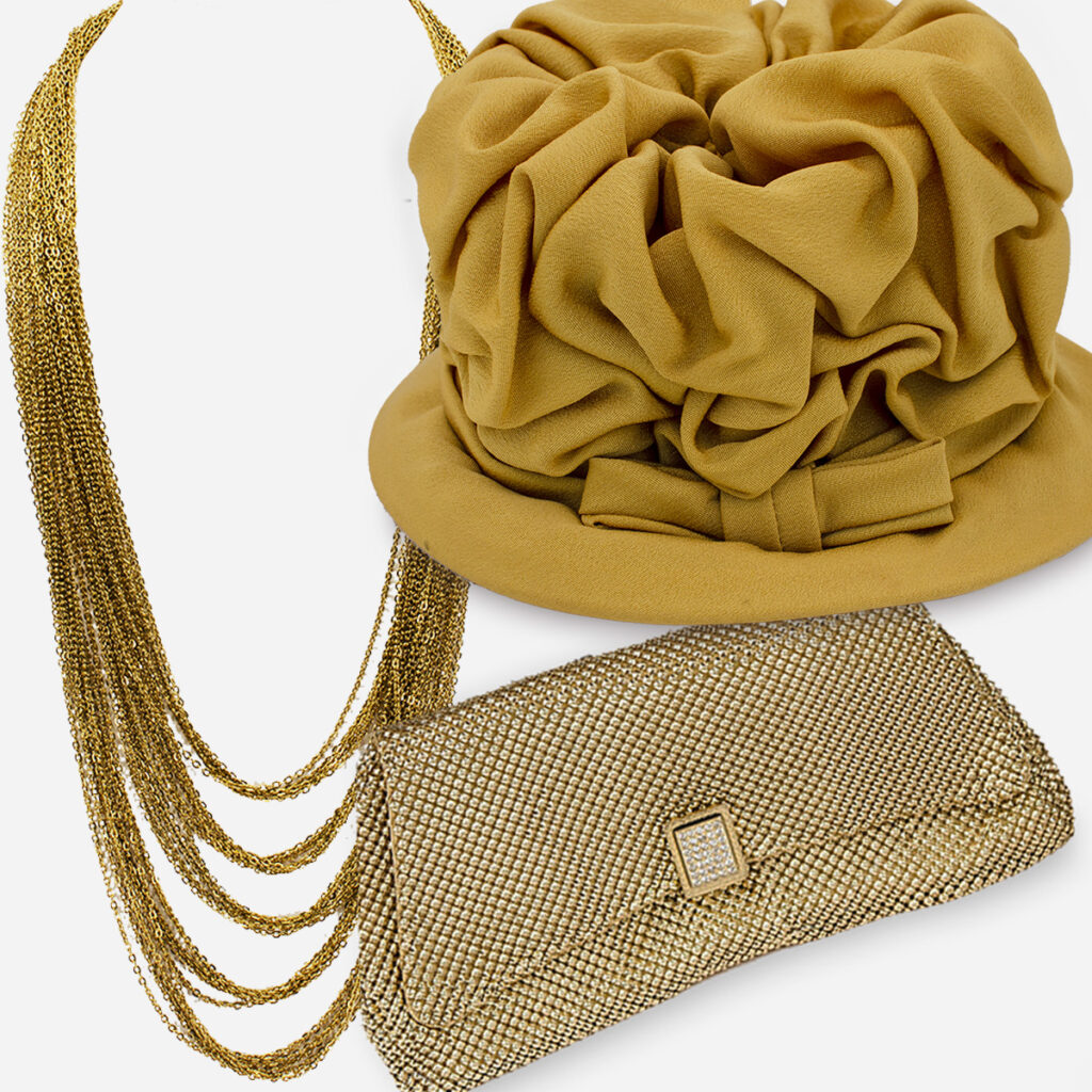 mix and match yats and jewelry. Vintage gold clutch, gold multistrand necklace, 1950s turban hat
