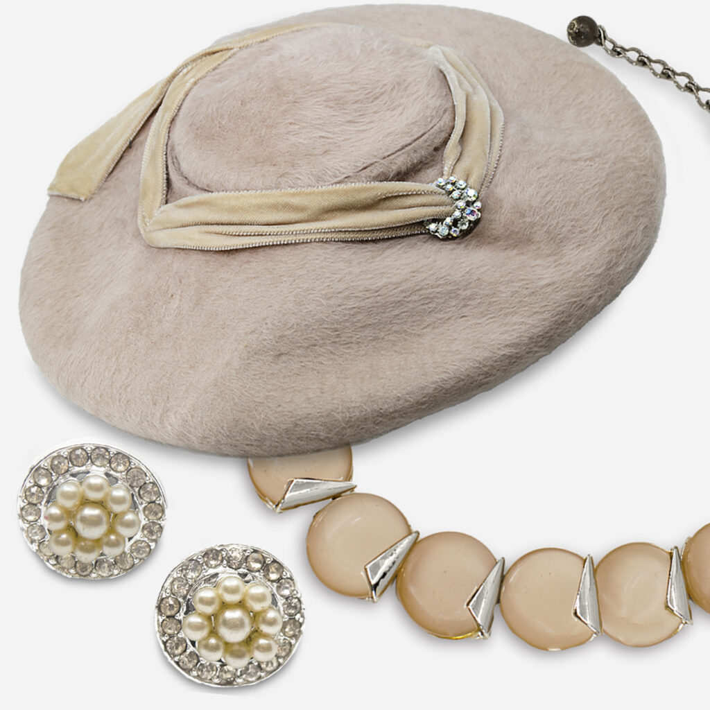 vintage platter hat, moonglow necklace, blush pink pearl earrings