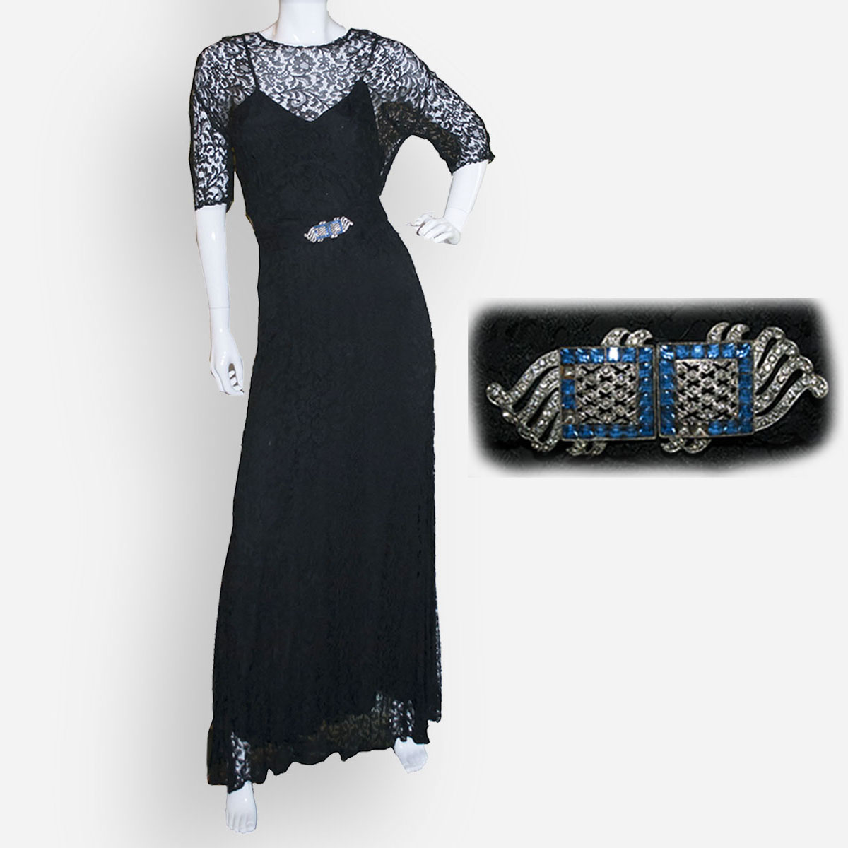 Black lace dress, art deco belt