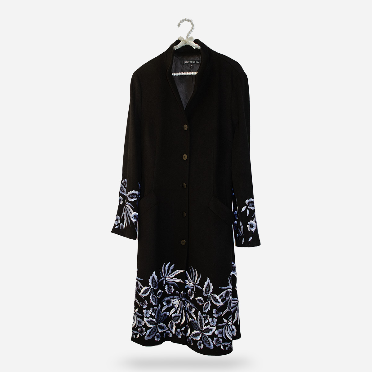 Womens Black Cashmere Coat by Lafayette 148, Blue Embroidery