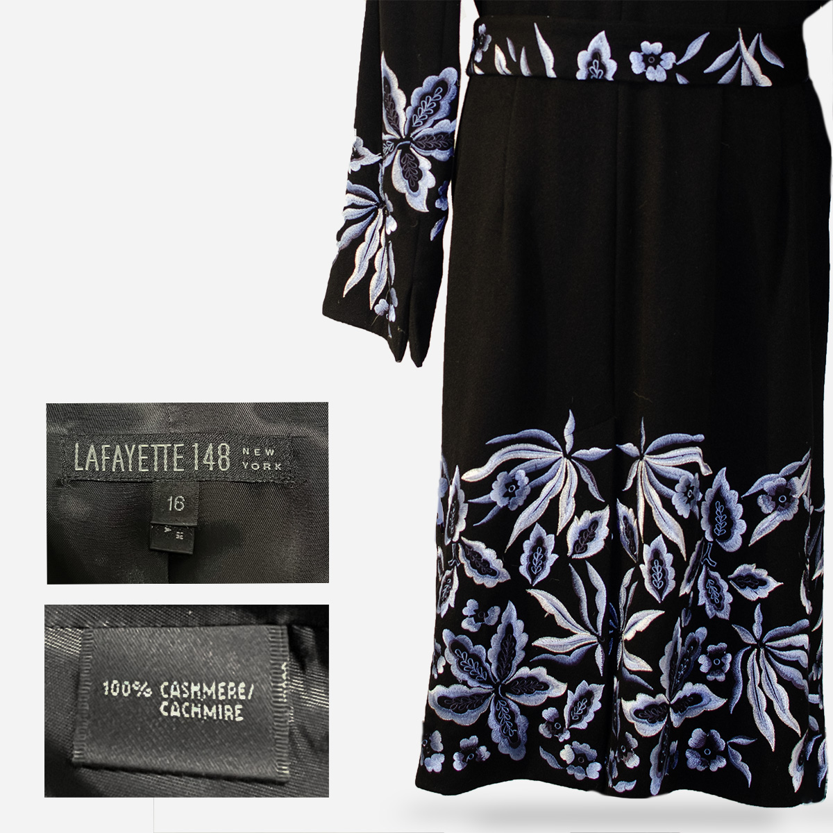 lafayette coat, black cashmere, blue embroidery
