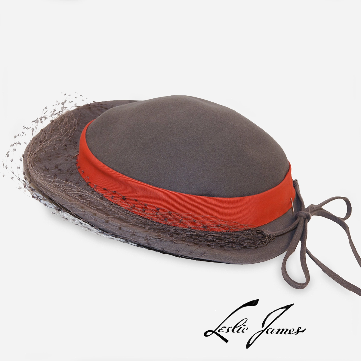 Leslie James Label Gray hat w salmon band Leslie James Label Gray hat w salmon band