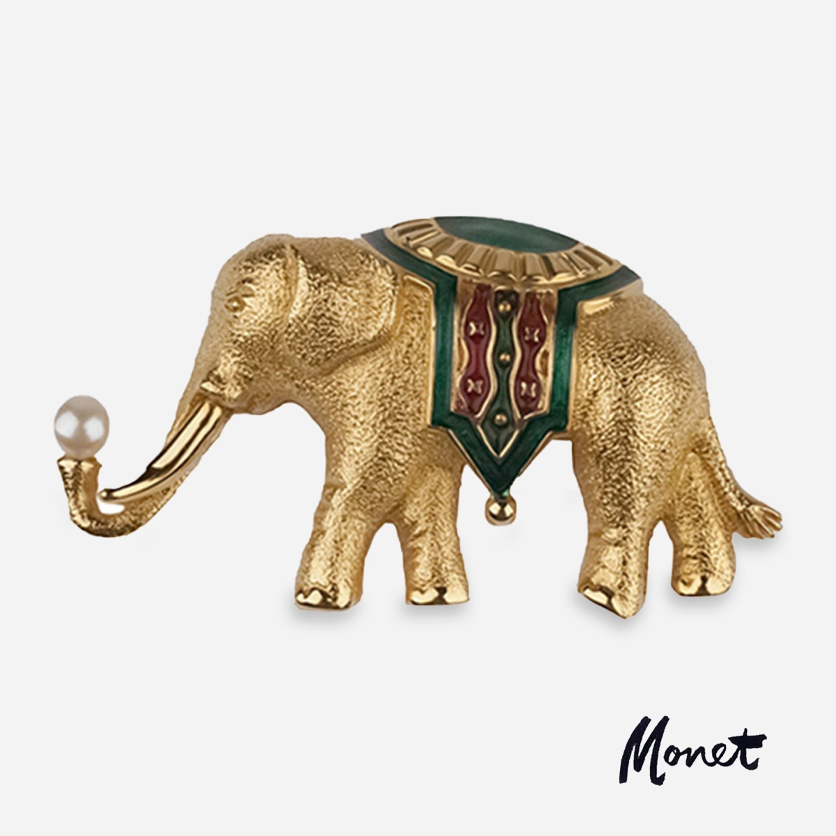 Signed Monet enamel elephant brooch green